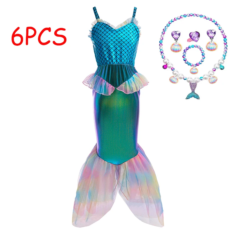 New Summer Girl Role-Playing Mermaid Suspender Patchwork Mesh Lace Dress Halloween Christmas Party Dress for 4-10 Years