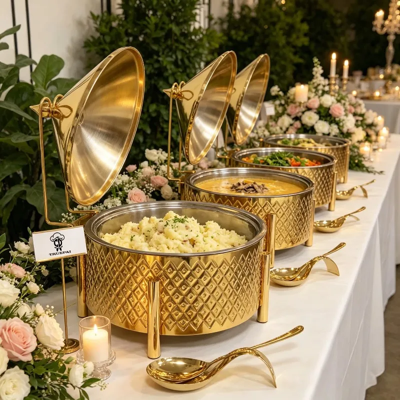 Gorgeous arched insulation plate, golden buffet plate, suitable for hotel luxury catering services, other hotel supplies