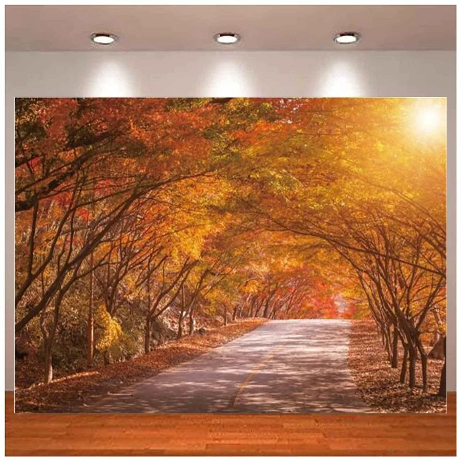 

Photography Backdrop Autumn Maples Tree Way Road Sunshine Park Natural View Poster Photographic Background Banner Photo Studio