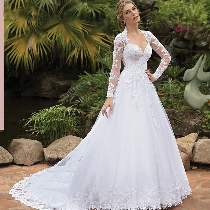 Vestido de novia blanco italiano Vintage, Apliques de encaje, manga larga, tul, escote Corazón, tren de barrido, pantalón árabe saudí, jurken dames