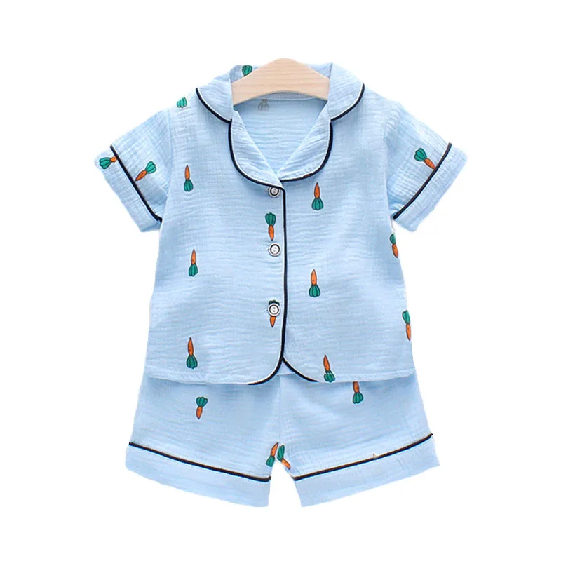 Boys Girls Homewear Sets Clothes Baby Short Sleeves Pajamas Muslin Cotton Outfit Kids Suit Shirt Tops+Pants 2PC 0-5 Years