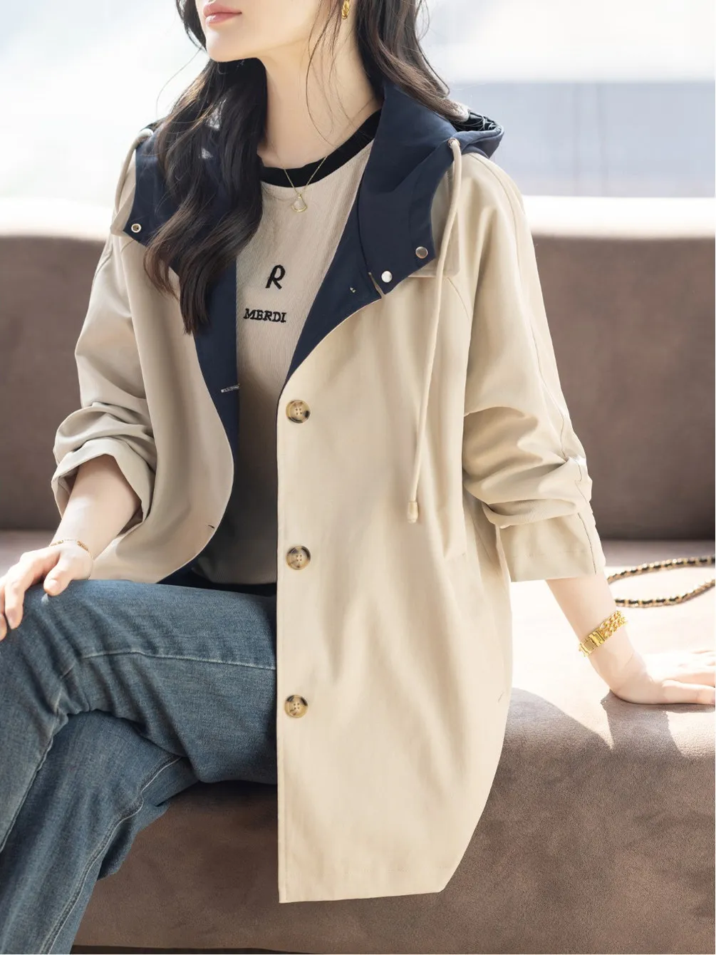 

Ele ort Women's Coat Jaet Autumn Winter Outerwear Casual Chic Windbreaker Top Quali Fabric Button Detailing