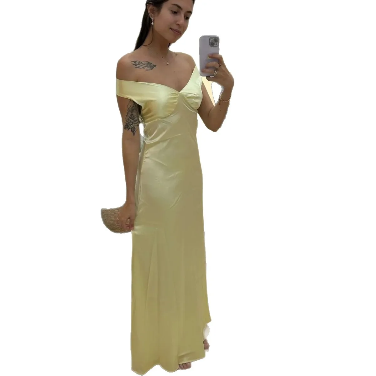 Moda sexy de uma comprimento sem alças saia longa de cetim amarelo com temperamento de fenda e vestido de noite elegante para vestido feminino