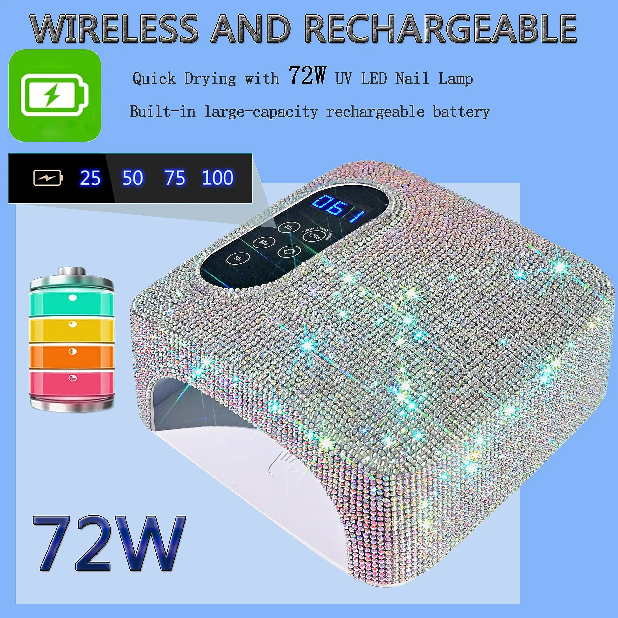 Oplaadbare Uv Led Nagellamp 72W Draadloze Nageldroger Met Kristallen Professionele UV-Cabine Voor Gel Nagels Droger Manicure Lamp