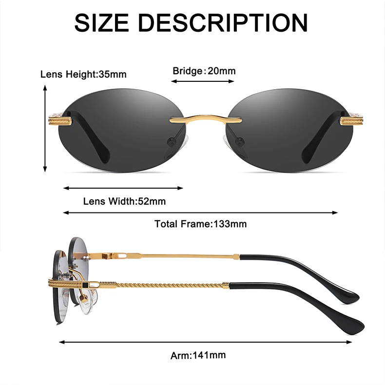 Retro Ovale Sonnenbrille Randlos Herren Blau Verspiegelt Gold Metall Herrenbrille Rund Rahmenlos Damen UV400 – Detail 8