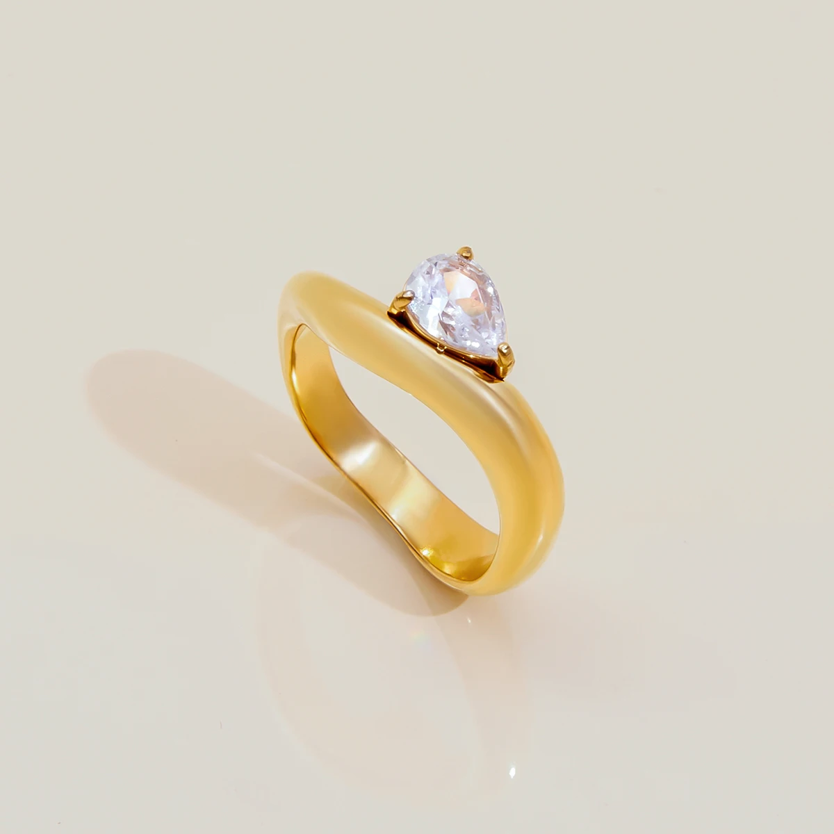 AIKOER Minimalist 18K Gold Color Plated Stainless Steel White Zircon Wave Ring Stackable Waterdrop Ring Women's Jewelry Party Gi