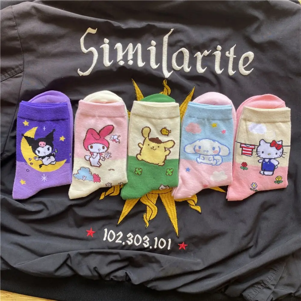 Sanrio Cotton Socks Cartoon Cinnamoroll My Melody Kuromi Pochacco Printed Mid Tube Winter Socks 1 Pair Sweet Girls Sock