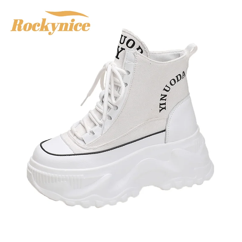 2023 Women Ankle Boots High Platform Canvas Boots Ulzzang 7.5CM Wedge Heels Sneakers Woman Autumn Thick Sole Leather Short Boots