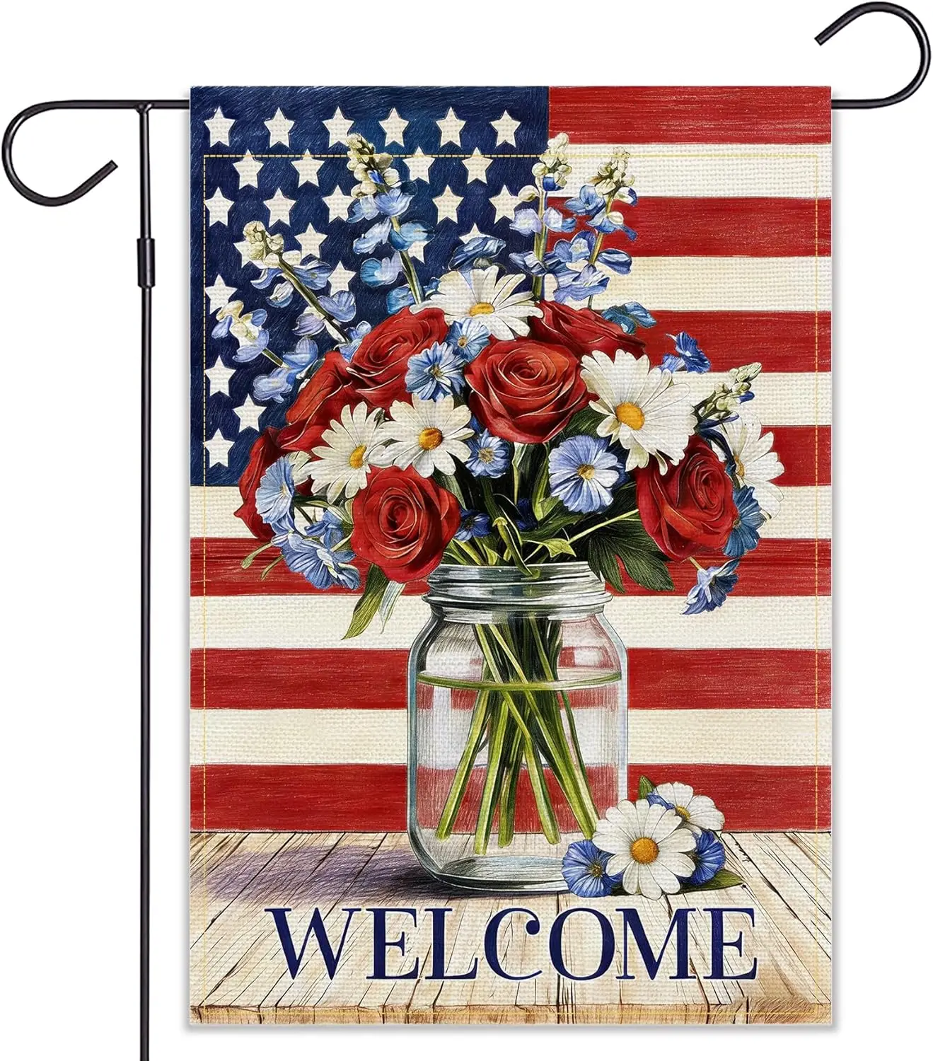 Balgardekor Patriotic Memorial Day Garden Flag, Welcome American Flag Floral Mason Jar Design, Outdoor Yard Decor (Floral Ma MMZ