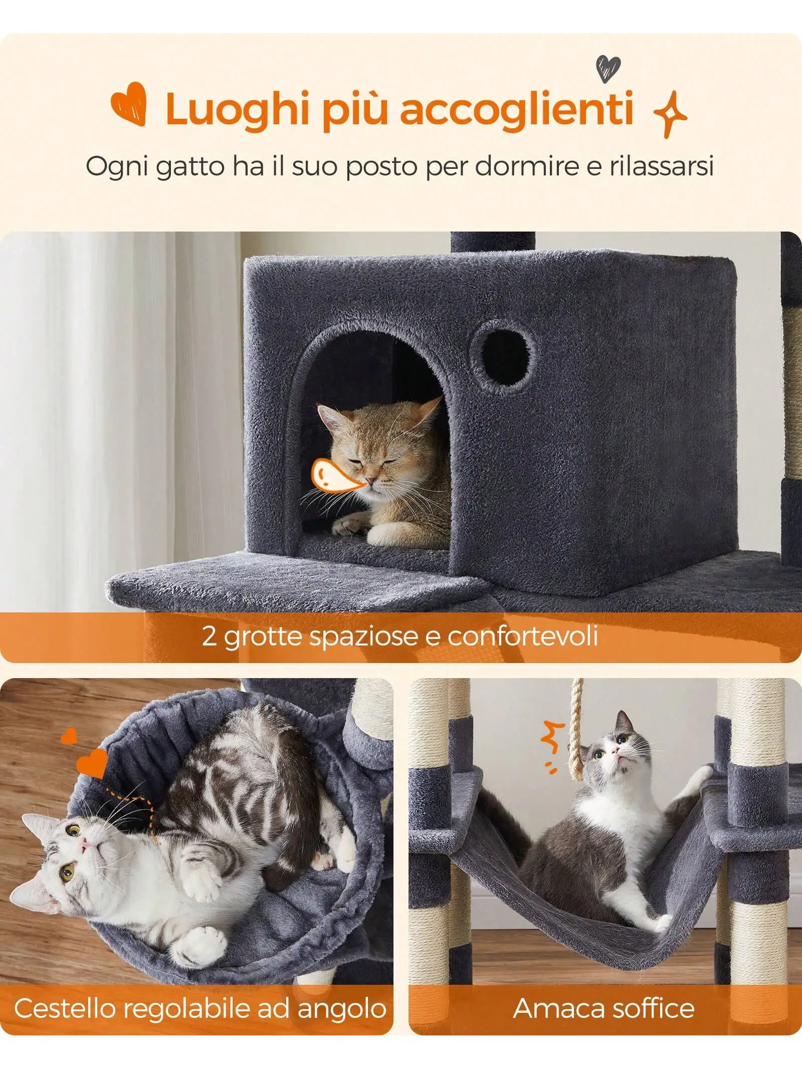 Feandrea عمود الخدش ، قط كبير طويل القامة مع 13 موقعًا ، محطتان ، كهف ، سلة ، هامبرج ، قطط كبيرة