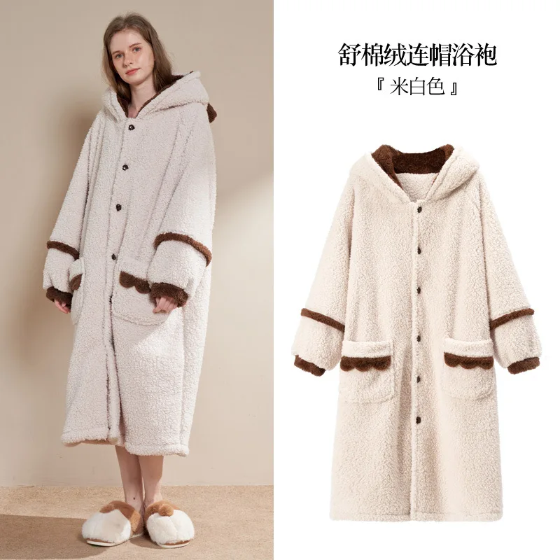 Coral Velvet Pajama Bathrobes Homewear Women Hooded Sleepwear Robe Soft Thicken Warm Long Nightgowns Cardigan Lovely Homewear