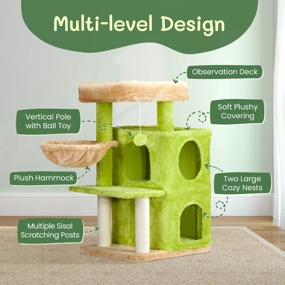 33 inch Cat Tree Cat Tower for Indoor Cats Cat Activity Center Play House with Large Padded Perch Hammock 2-Tiered Condo