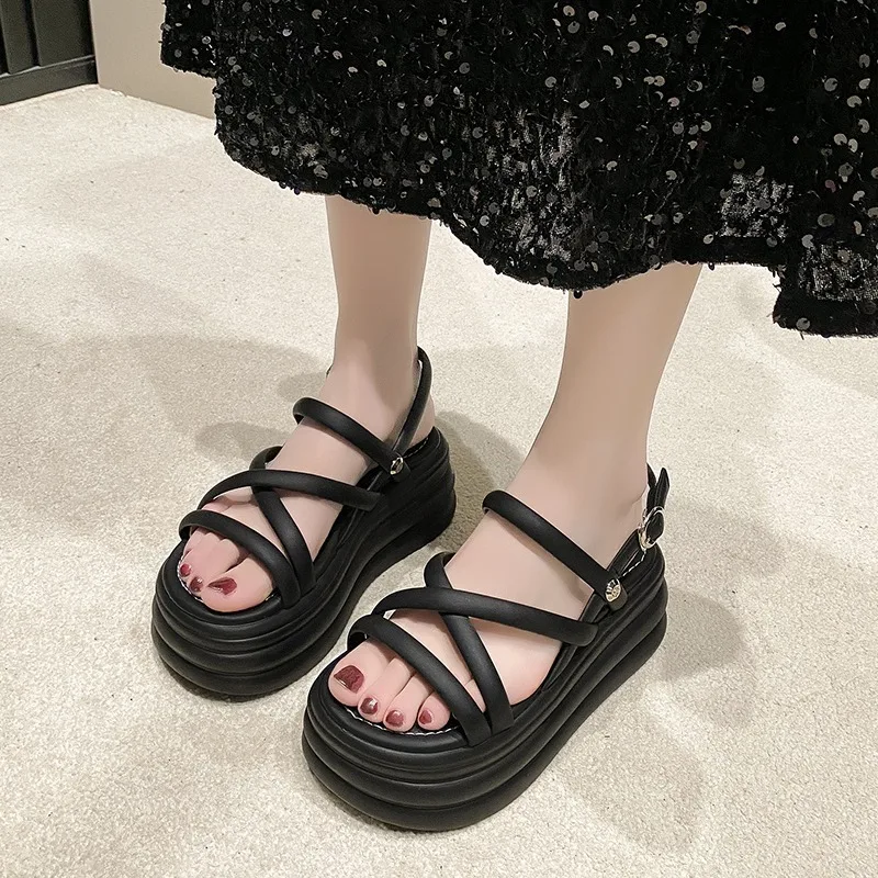 Chic and Elegant Woman Heeled Shoes 2024 Summer Luxury Designer Platform Sandals Girls Rome Casual Black Gladiator Wedge Fashion