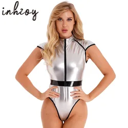 Womens Silver Metallic Astronaut Costume Outfits Glossy Bodysuit with Oversleeve Halloween Cosplay  Space Uniform Set Clubwear