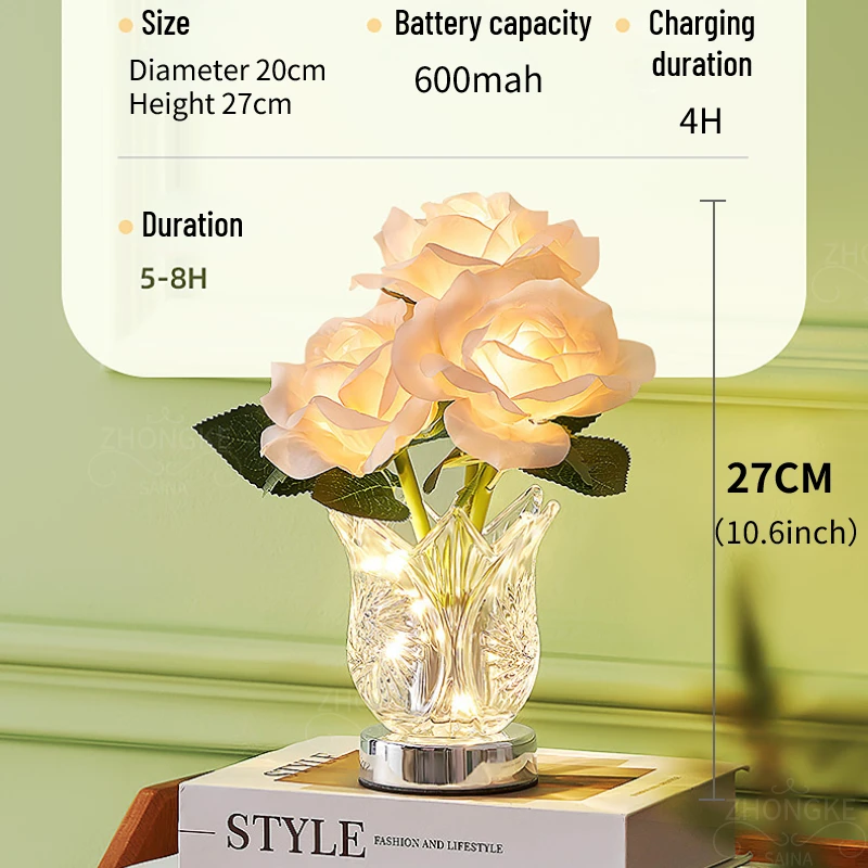 Desk Decoration Led Rose Night Light Rechargeable Crystal Flowerpot Lamp Touch Dimming Bouquet Home DecorationTable Lamp Gift