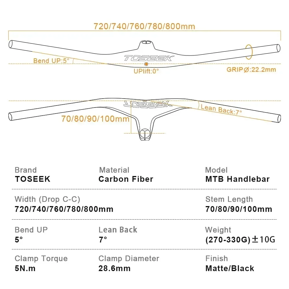 TOSEEK New MTB Handlebars and Stem 28.6mm Carbon Integrated Handlebar For Mountain Bike 720-800mm 70/80/90/100mm Bicycle Parts