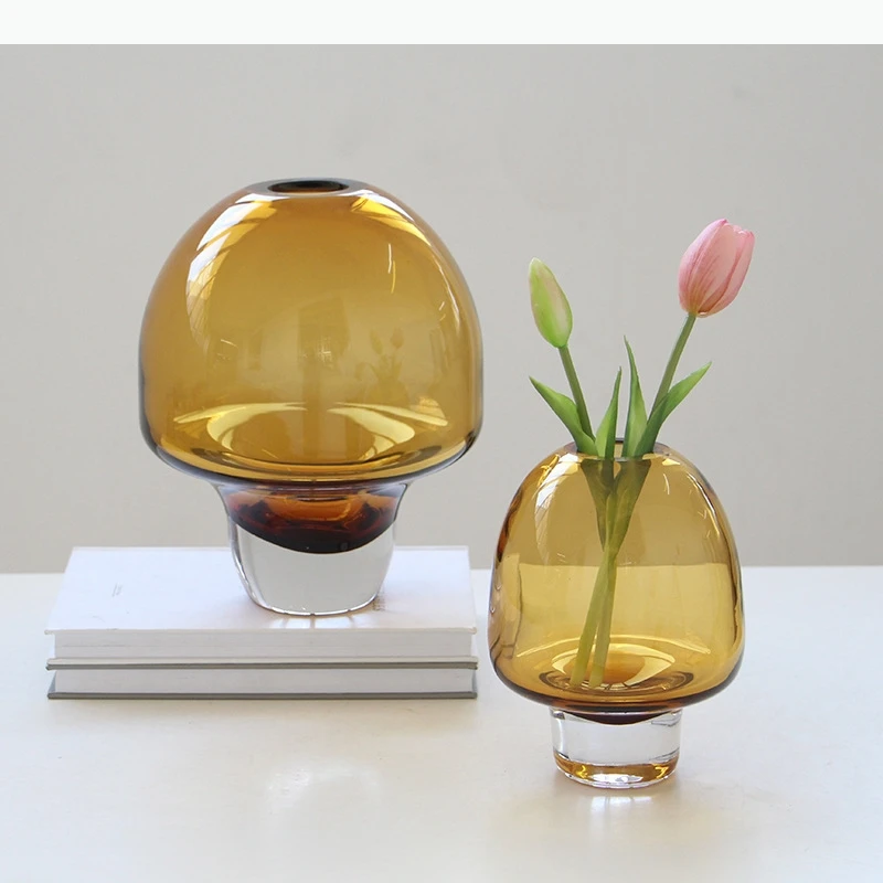 Transparent Amber Color Glass Vase Round Flower Pots Table Decoration Flowers Arrangement Floral Vases Room Aesthetic Decor