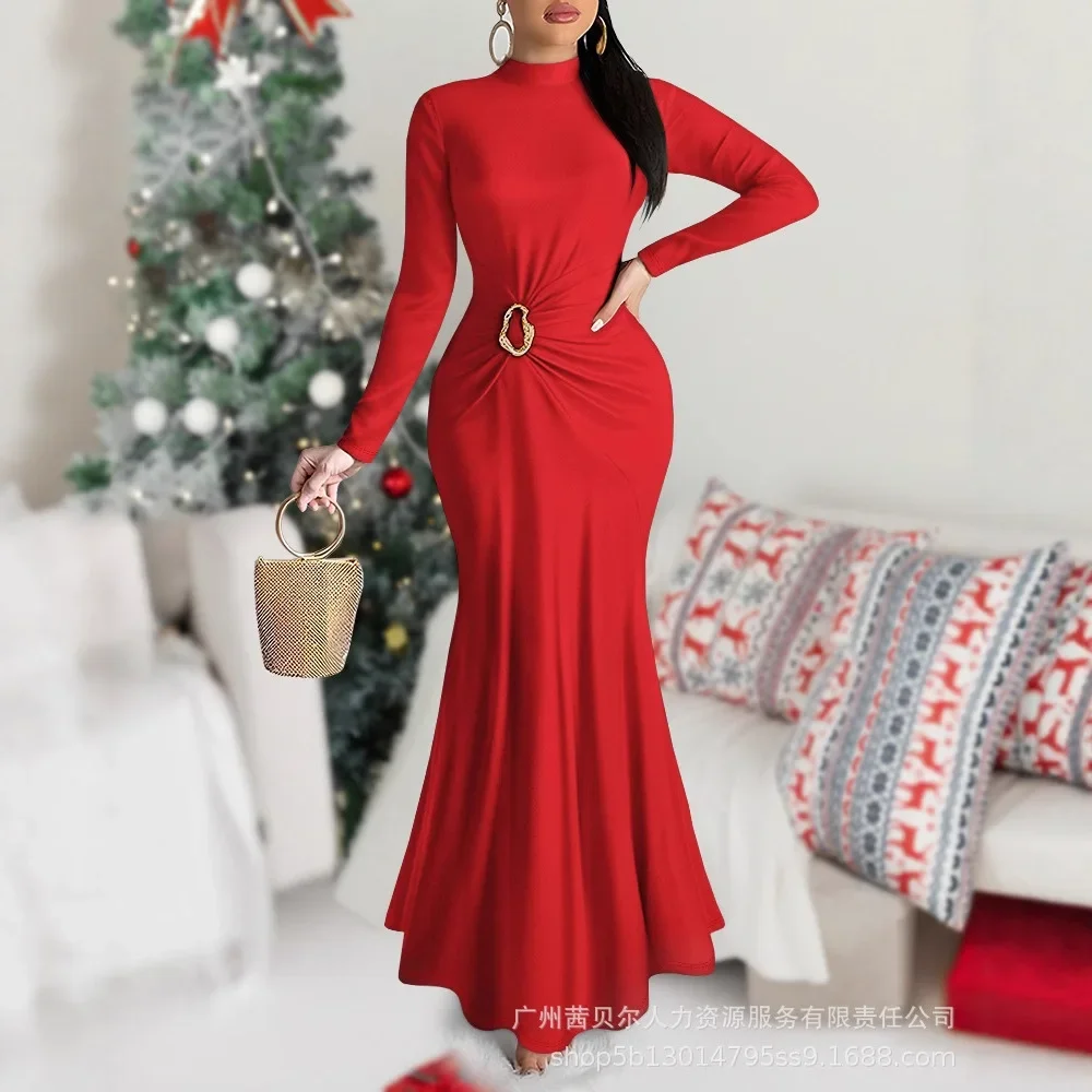Women Spring Summer Bodycon New Stand Collar Tight Metal Buckle Mermaid Long Dress