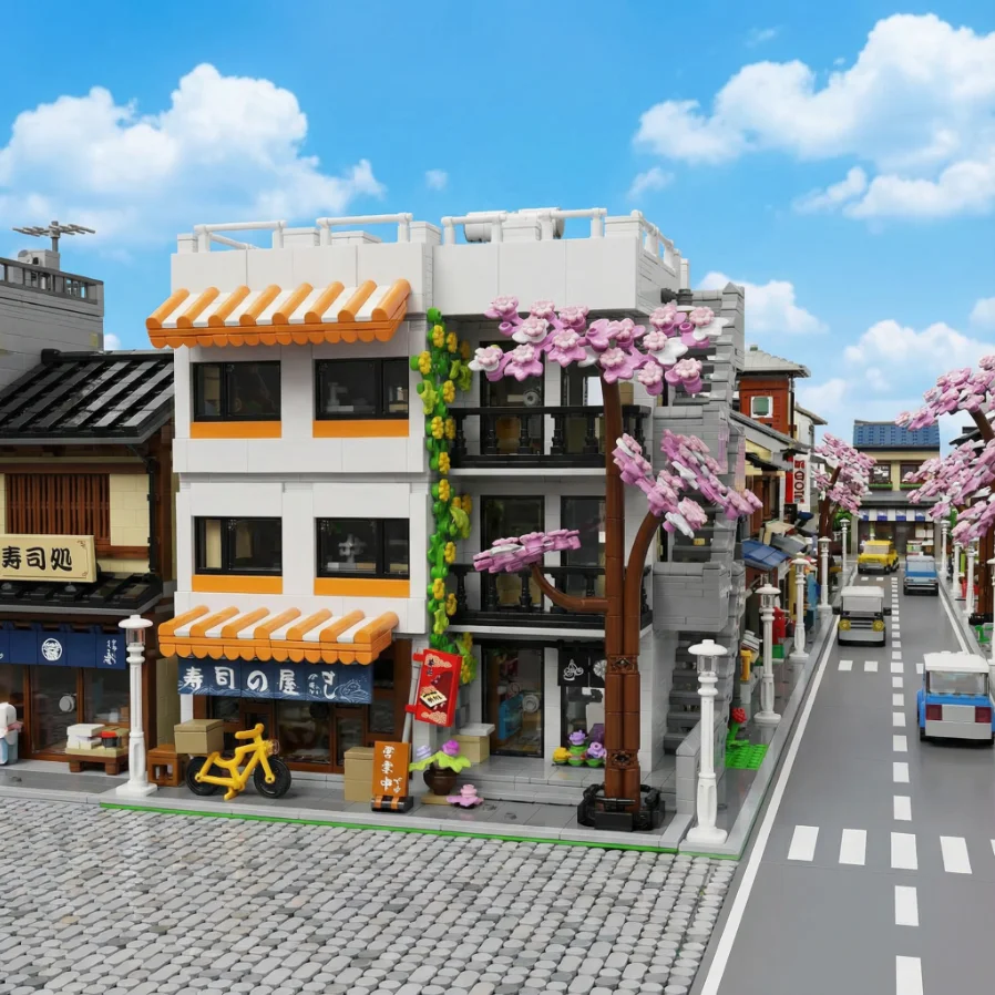 3911PCS Sushi Shop Apartment Building Blocks Set Japanese Street View House Cherry Blossom Architecture Modular Model Kit with 5 Figuren and LED Lighting DIY Assembly Bricks Toys for Adults Gift Desktop Ornament Collection Display Home Decortion