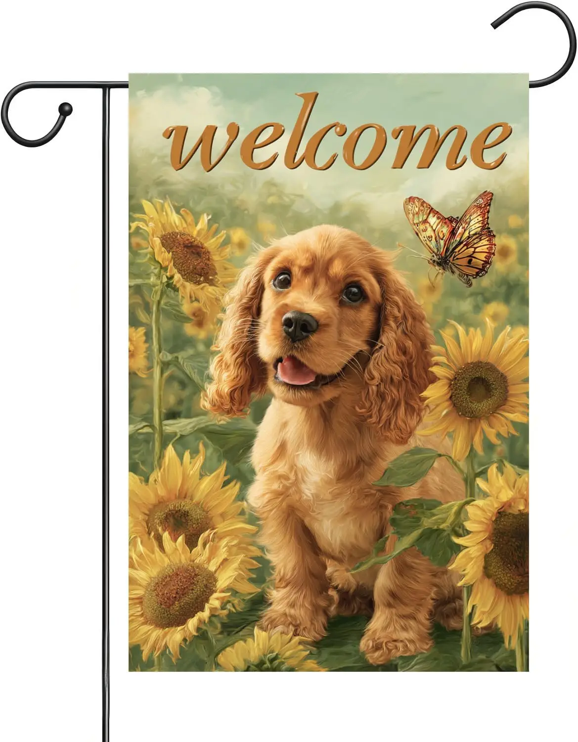 Bandera de jardín con diseño de Cocker Spaniel Welcome Spring, 12x18 pulgadas, de doble cara, con girasoles y mariposas de primavera y verano, estilo granja estacional, MMZ