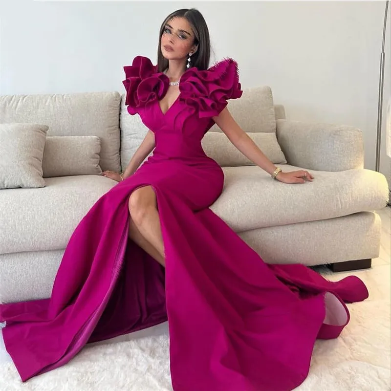 Elegant Rose Red Mermaid Evening Dresses Ruffles V Neck High Side Slit long Prom Dresses Party Dresses Robes De Soirée 2023