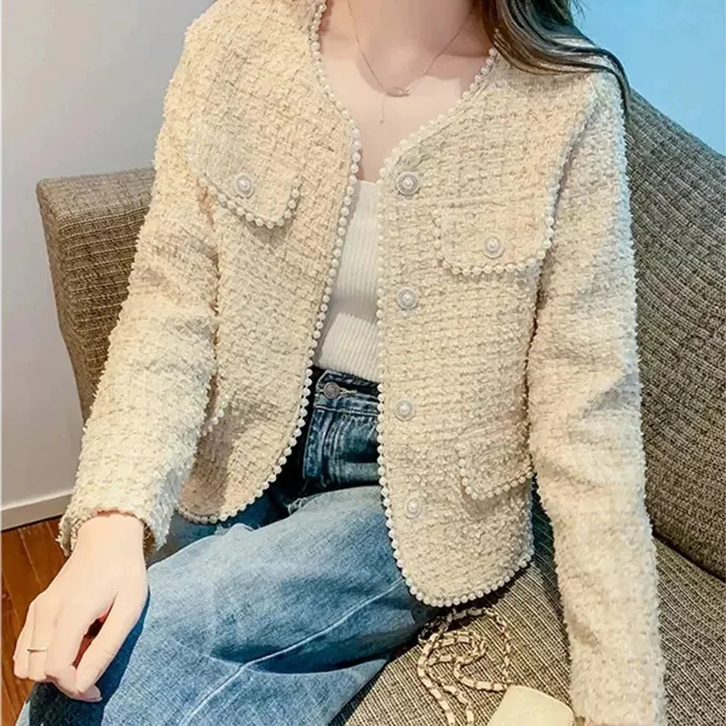 2026 Women O-Neck Tweed Coat Korean Female Fashion Leisure Short Jacket Autumn Winter New Ladies Long Sleeves Outwear Tops