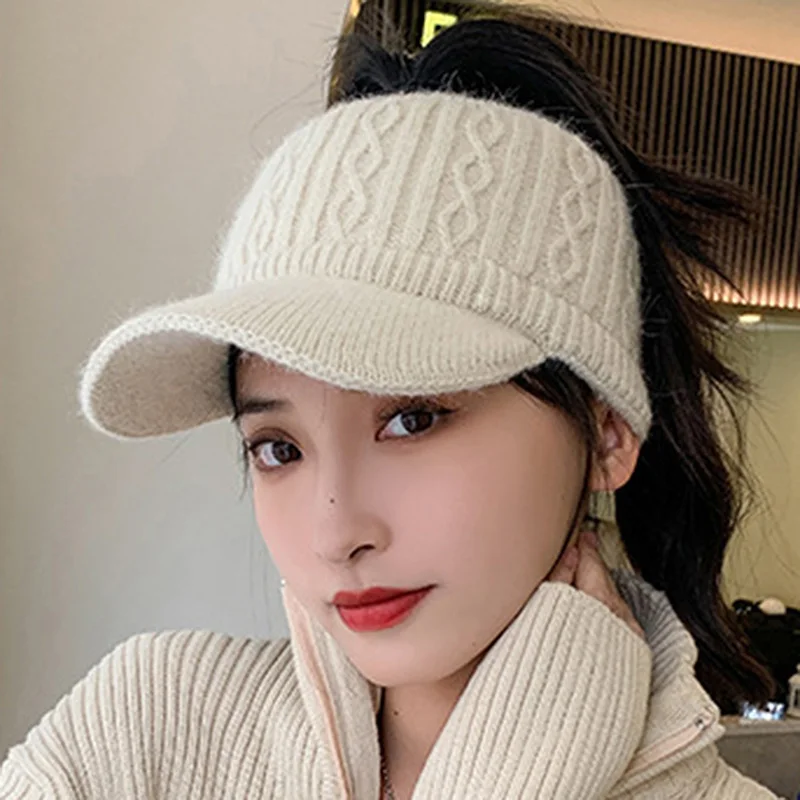 

Empty Top Hat Women'S Winter Versatile Knitted Rabbit Wool Hat With Thick Velvet Warm Ear Protection Duck Tongue Baseball Cap