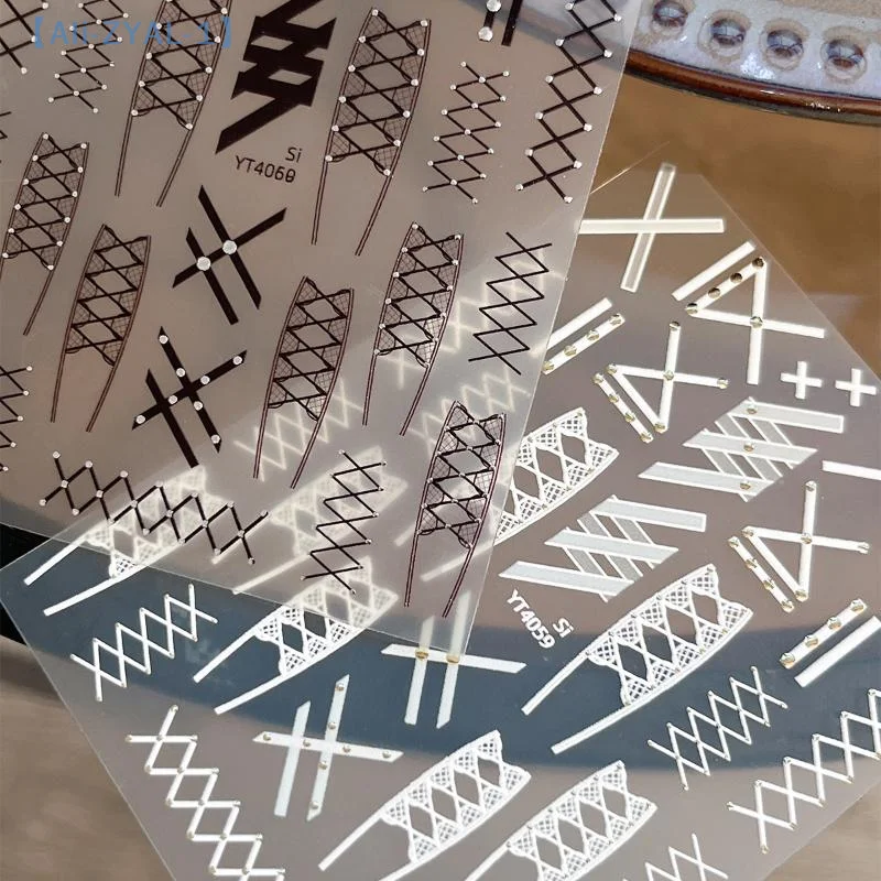 【ZYAL-1】5D Simple Black White Shiny Gold Rivet X Bandage Tie Adhesive Nail Art Stickers Decals Manicure Hot Girl Unique Charms