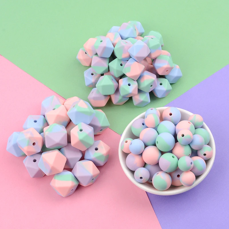 LOFCA Mini Hexagon 20pcs Silicone Beads 14mm Chewing Beads Charm Baby Teether Newburn Teething Necklace Pacifier Clip