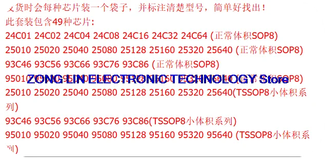  49 types of automotive instrument storage chips in various series, including 24, 25, 93, and 95. Normal and small volumes come 