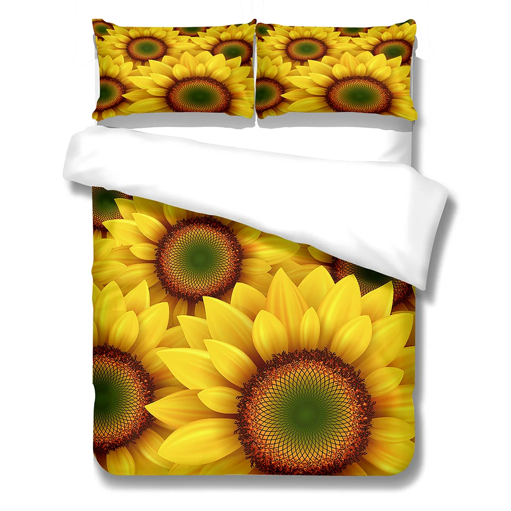 

HUANZHUANG Bedding Set Queen Bedding Duvet Cover Set Yellow Sunflower Twin Queen King Double Bed Linens Quilt Cover Bedclothes