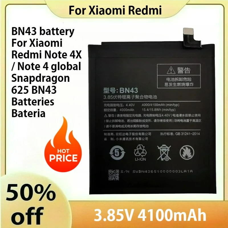 

Аккумулятор BN43 3,85 В, 4100 мАч для Xiaomi Redmi Note 4X/Note 4, глобальный Snapdragon 625 BN43, аккумуляторы Bateria