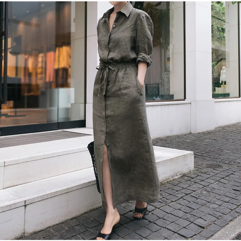 Johnature 2024 Spring Casual Linen Drawstring Shirt Dresses Women New Japanese Turn-down Collar Tie Solid Color Loose Dress