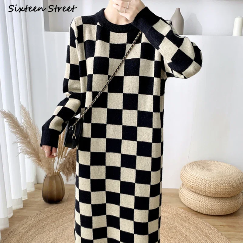 Checkerboard Plaid Knitted Dress Women Winter Oversized Chic Long Sweater Dresses Ladies Autumn Loose Streetwear Knitwear