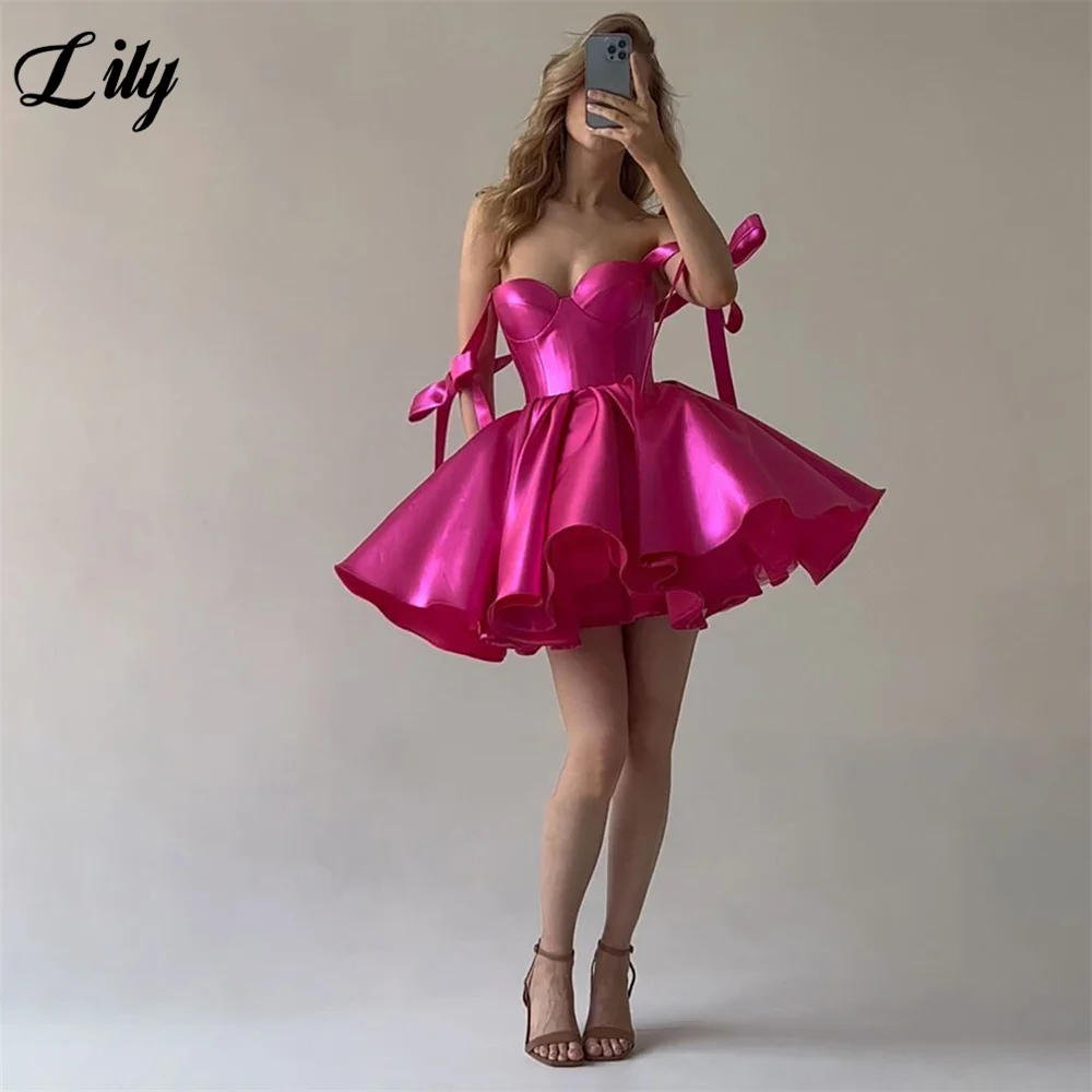 Lily fucsia Mini abiti da festa lunghi Spaghetti Strap Stain Vintage Night Dress Lace Up Back Celebrity Dresses vestidos de fiesta