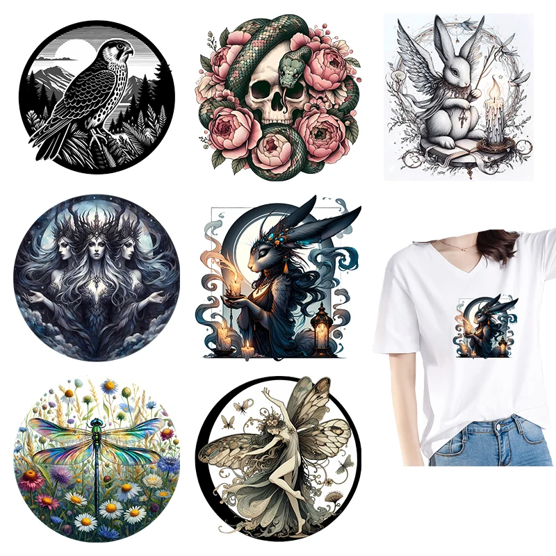 Gothic style Angel Devil Heat Transfer T-shirt Printed Stickers Flower Dragonfly DTF Clothing DIY Iron On Stickers