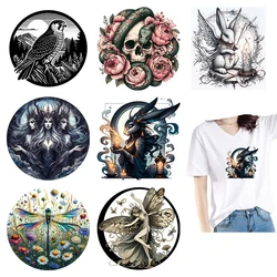 Gothic style Angel Devil Heat Transfer T-shirt Printed Stickers Flower Dragonfly DTF Clothing DIY Iron On Stickers