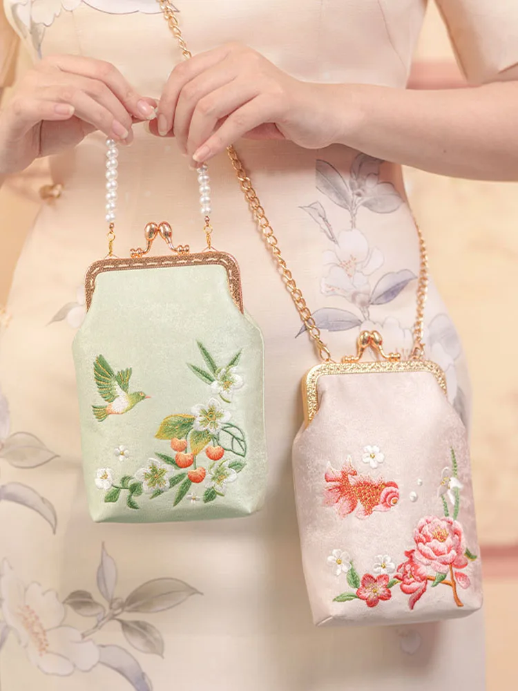 

New Chinese Sle Embroidered Flower Clutch Bag Women's Crossbody Coin Purse Pearl Chain Portable Phone Bag Versatile Mouth B...