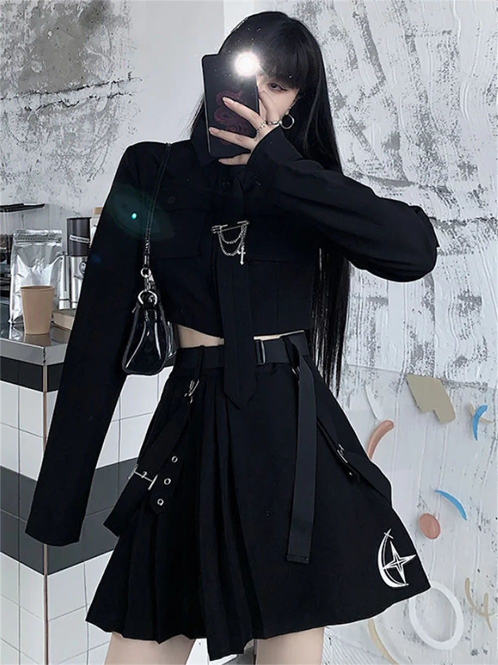 Japoński JK Goth spódnica 2 sztuk koreański 2 sztuka garnitur Punk Oversize 4XL zestaw Academia estetyczne spódnice czarny Kawaii Kpop Emo Alt 2pc