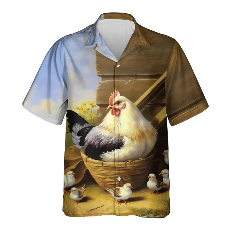 Chicken Hawaiian Shirts For Men Clothes Poultry Casual Button Down Short Sleeve Shirt Great Rooster Lapel Blouse Man Streetwear