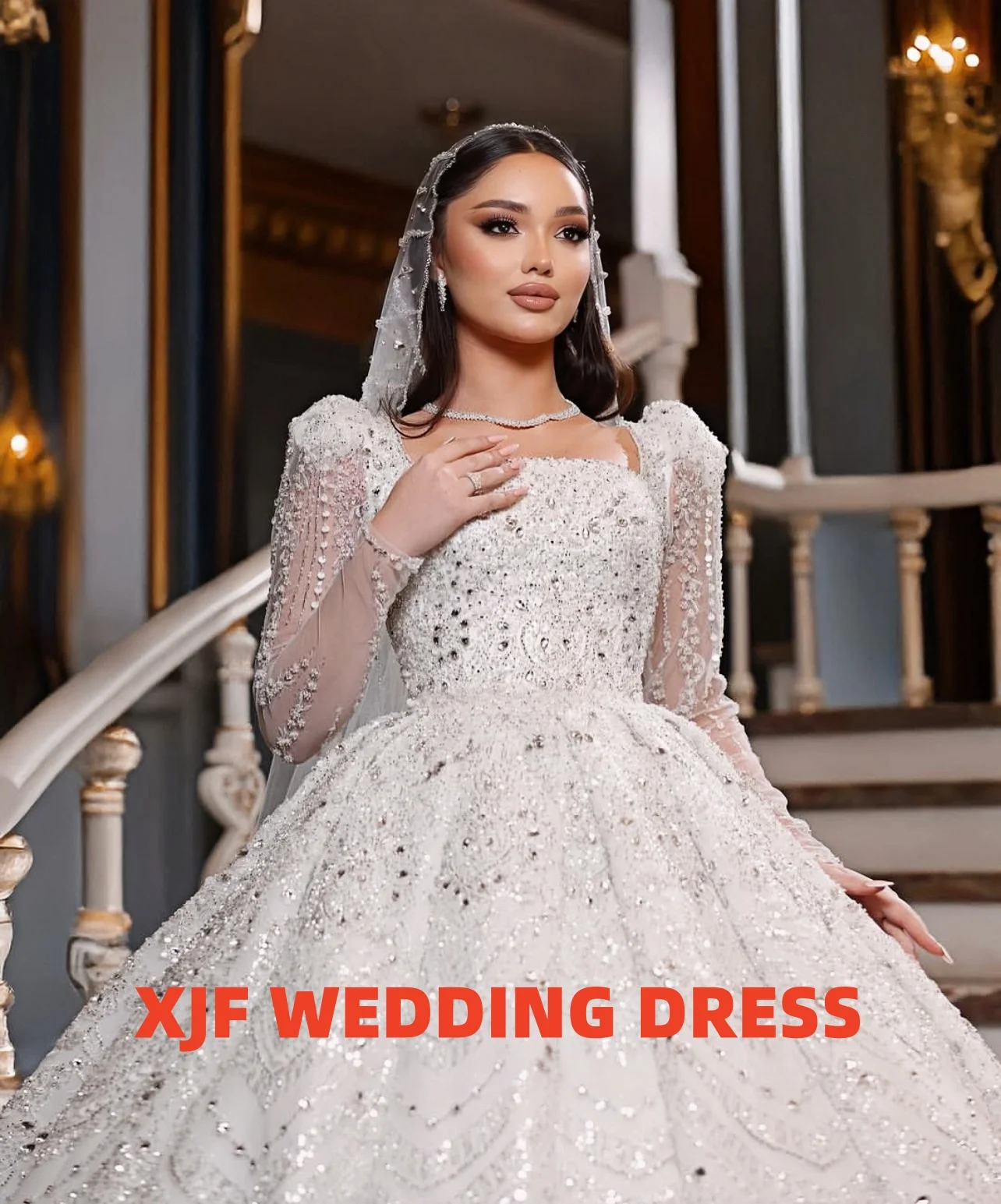 Abito da ballo a maniche lunghe con colletto quadrato personalizzato splendido abito da sposa con perline amanda novias abiti da sposa amanda novias