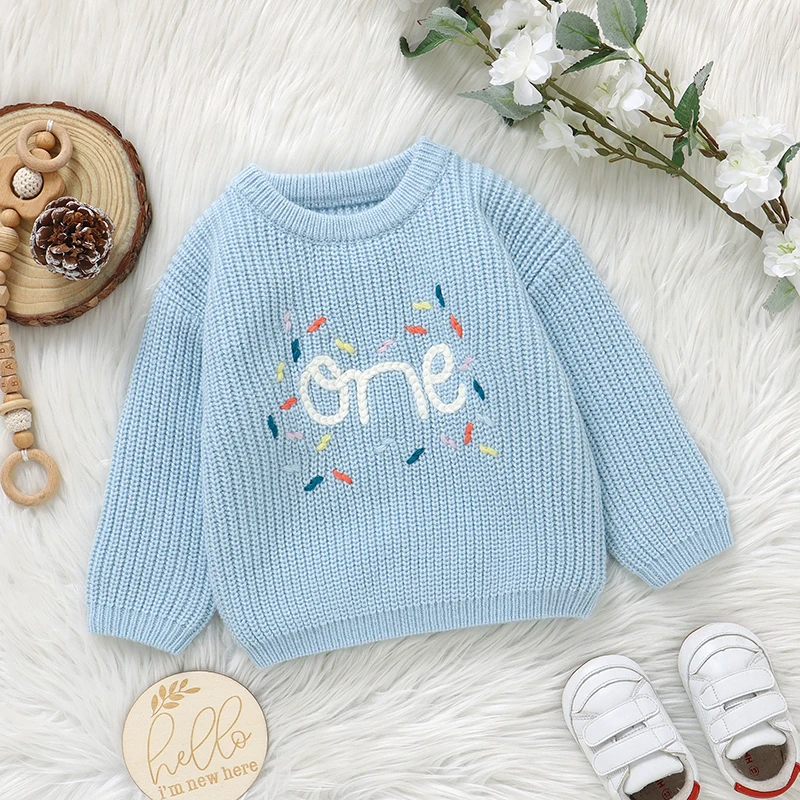 Baby Mädchen Pullover Herbst Winter Blau Rundhals Volle Hülse Gestrickte Neugeborenen Brief Strickwaren Pullover 1-3Y Kleinkind Tragen