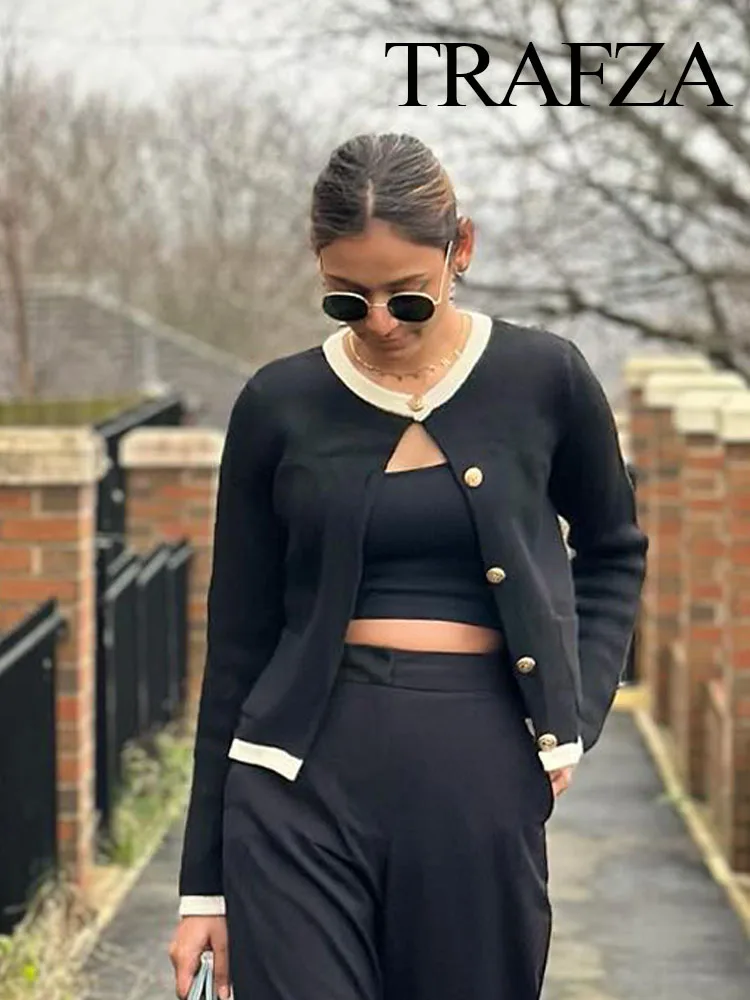 TRAFZA Short Ladies Spring Autumn Knitted Open Shirt High-end Hong Kong Style Chic Indoor Match Top White Black Regular Sleeve