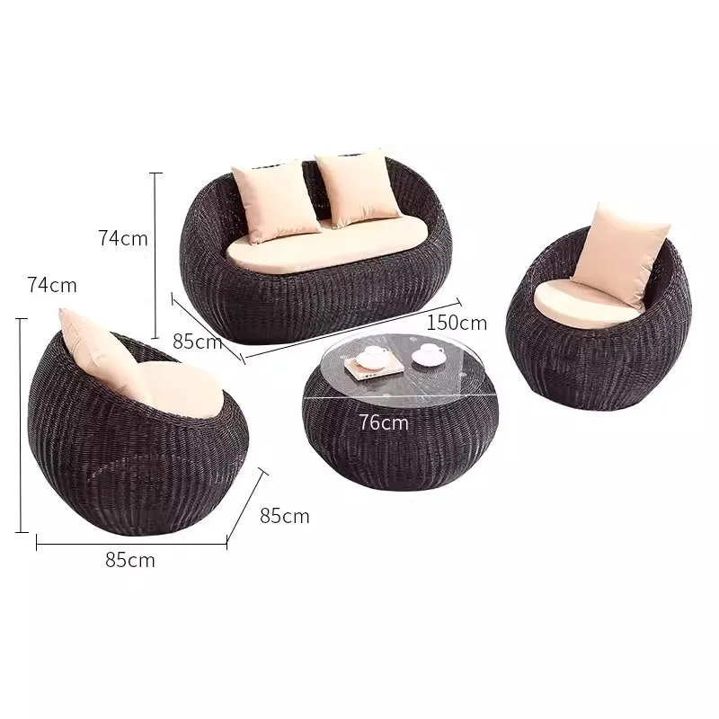 Outdoor-Sofa, Innenhof, Terrasse, Rattanstuhl, dreiteiliges Set, Couchtisch, runder Garten, Freizeit, Rattanmöbel, Rattansofa