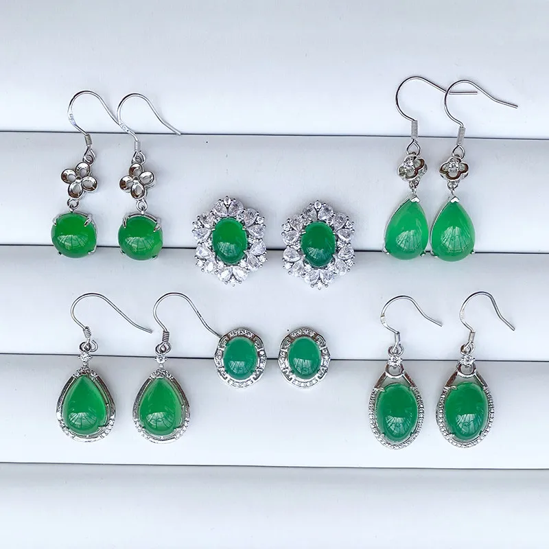 Natural Chalcedony Ice Jade Earrings Long Drop Emerald Green Jewelry Gemstone Dangle Ear Studs