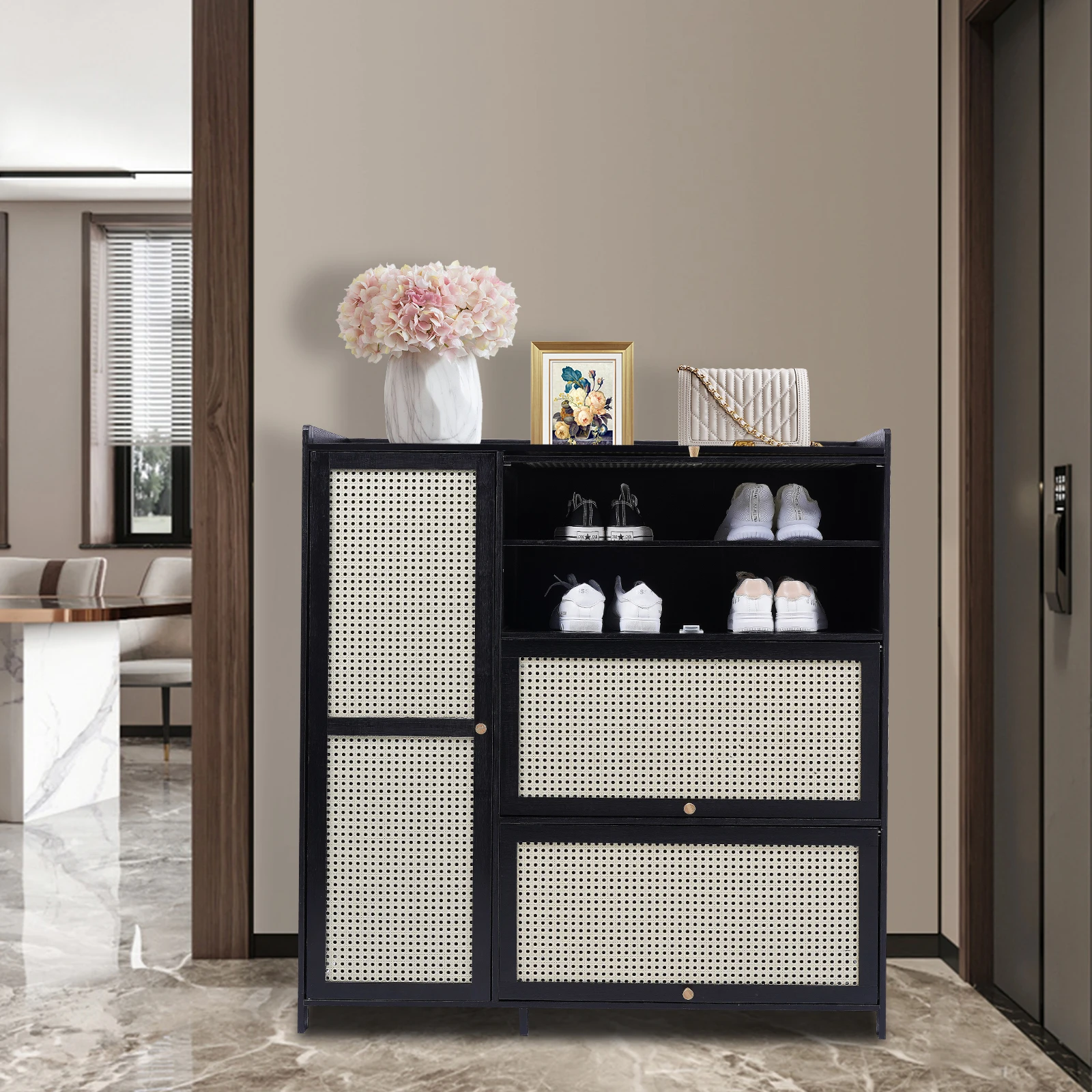 

Шкаф для обуви из бамбукового ротанга — 4-дверный шкаф для хранения с дверцами 39,4x13x43 дюйма, черный, сетчатая дышащая магнитная петля, компактная