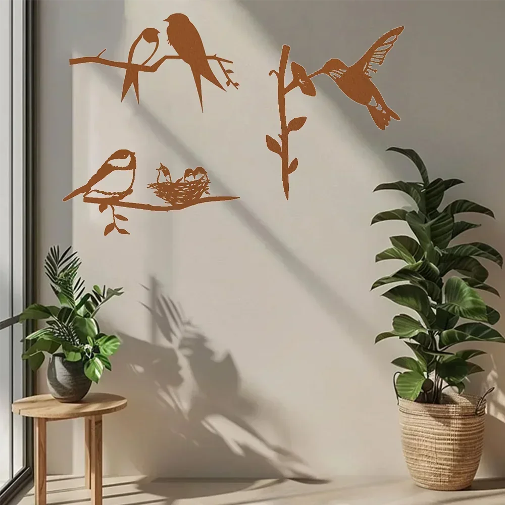 Metal Bird Decor – 3 Pieces. Metal Bird Statues on Branch for a Touch of Natural Beauty at Home.