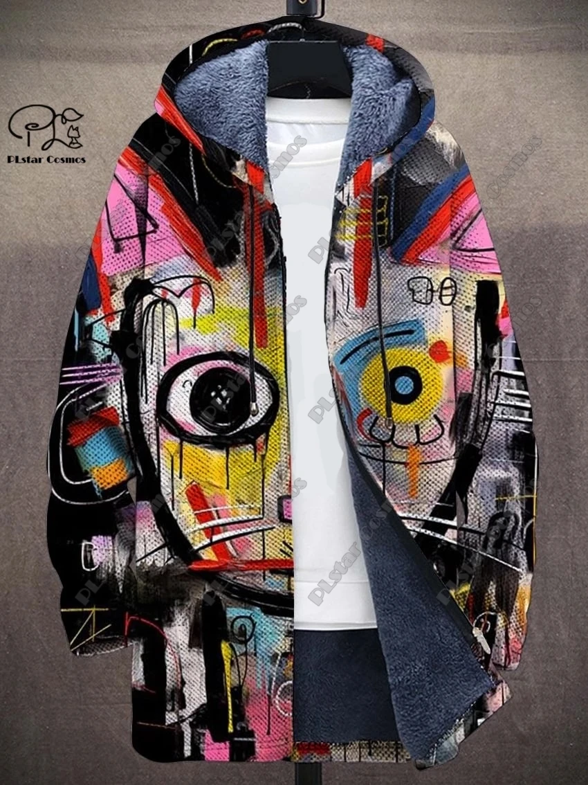 Neue Mode Winter Herren Zip Jacke Retro Abstrakte Kunst Multi Farbe 3D Gedruckt Zipper Jacke Neutral Verdickt Fleece Warme mantel