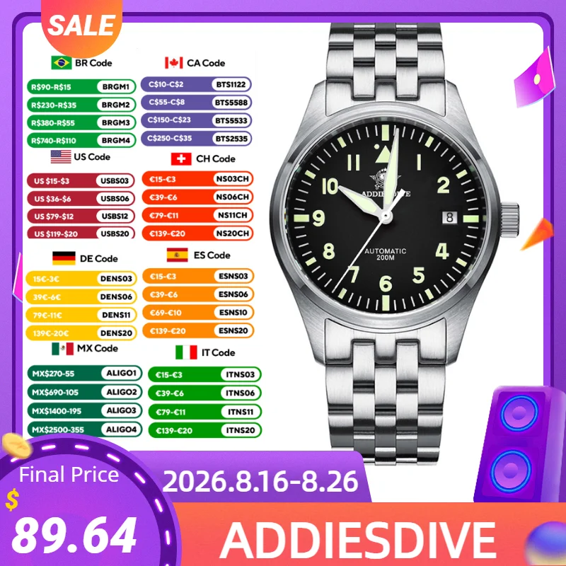 ADDIESDIVE NEUE Uhren für Herren C3 Super Luminous 20Bar Wasserdicht 316L Edelstahl Reloj Hombre AD2519 Automatische mechanische Uhr