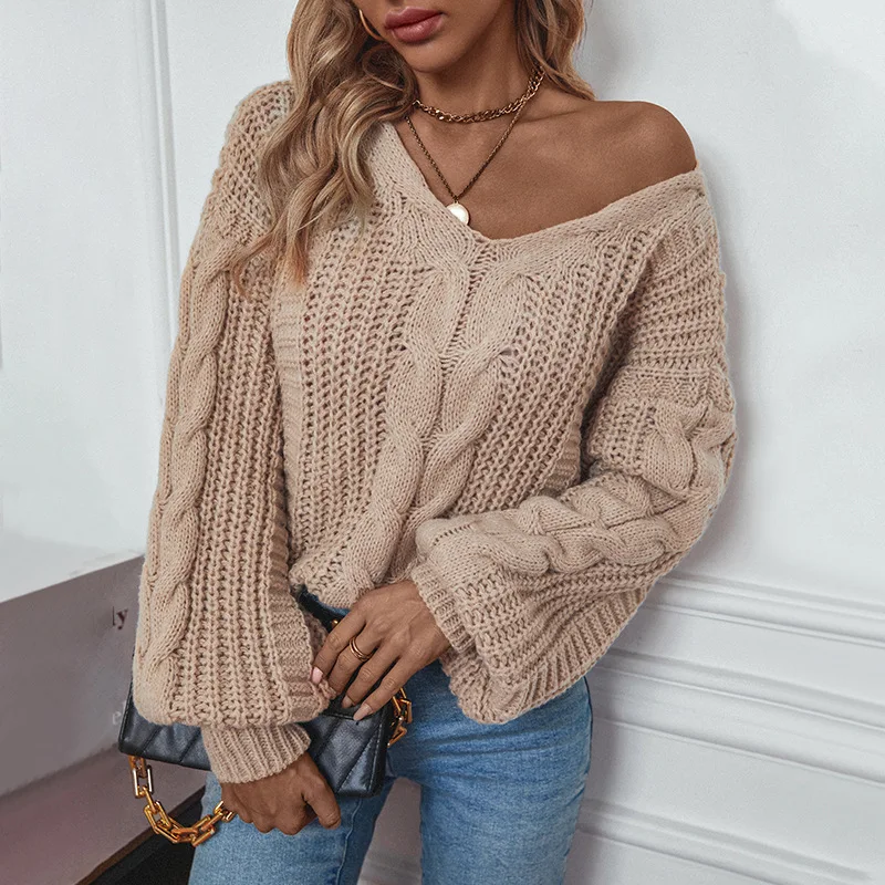 YJKDYK 2024 Autumn Winter Women's Sweater Female Solid Color Twisted Flower Pullovers Tops Lady Lantern Sleeve Knitted Sweater